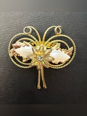 Gold-Tone Floral Leaf Brooch with Mother-of-Pearl Accents